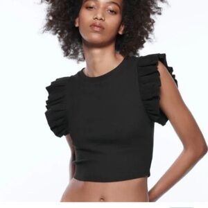 Zara Black Ruffled Cropped Tank Top Womens Size Medium Girly Feminine